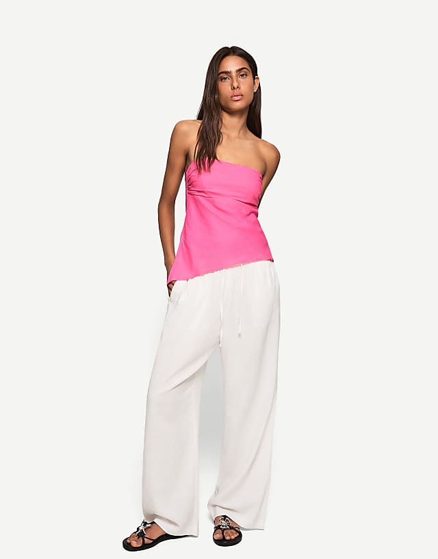 asos Bershka linen blend bandeau top in bright pink