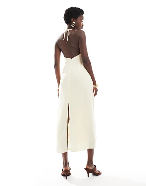 Asos Bershka Linen Blend Halter Midi Dress With Tie Detail In Yellow