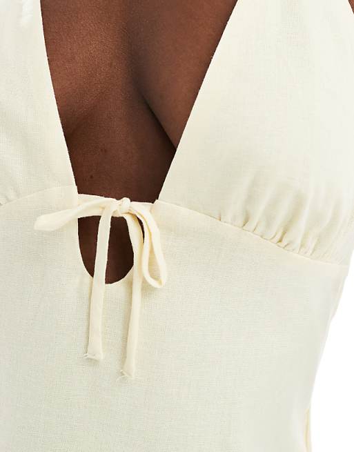 Asos Bershka Linen Blend Halter Midi Dress With Tie Detail In Yellow