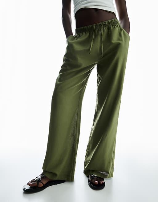 Asos Bershka Linen Blend Trousers With An Elasticated Waistband In Khaki