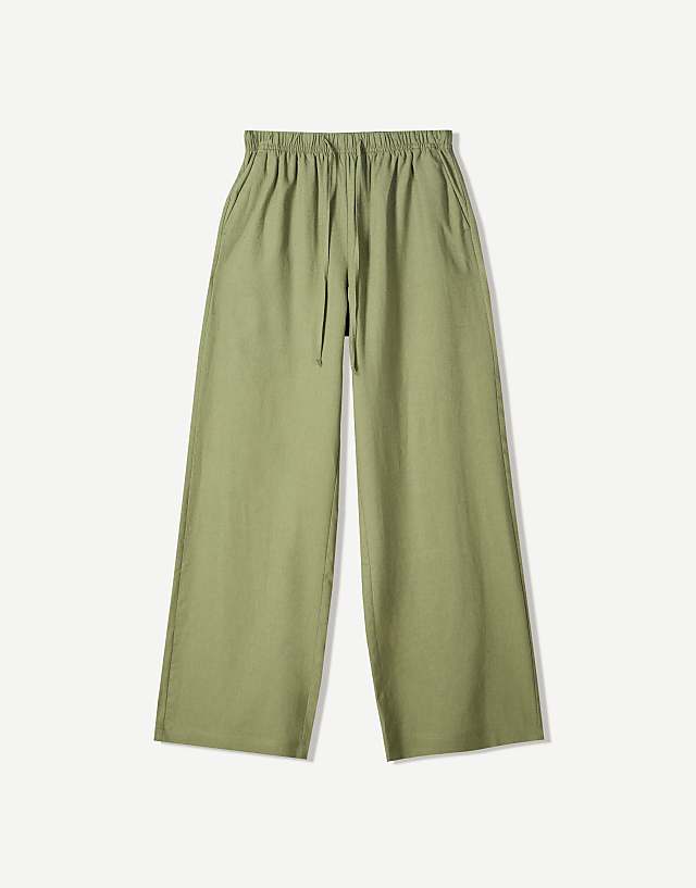 Asos Bershka Linen Blend Trousers With An Elasticated Waistband In Khaki