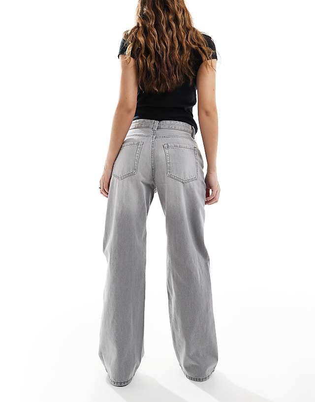 Asos Bershka Ripped Knee Wide Leg Jeans In Light Grey