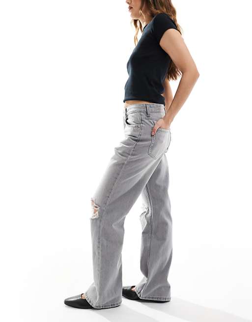 Asos Bershka Ripped Knee Wide Leg Jeans In Light Grey