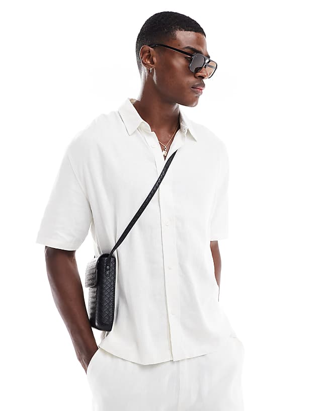 asos Bershka short sleeve linen blend shirt in white