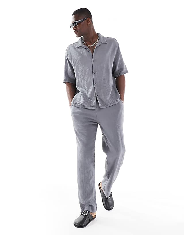 Asos Bershka Textured Revere Collar Co-ord Shirt In Grey