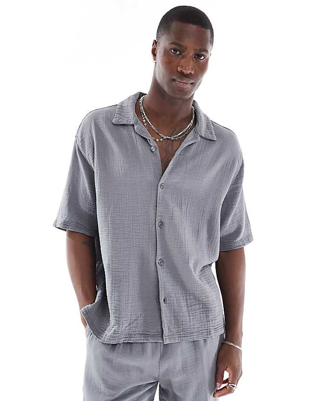 asos Bershka textured revere collar co-ord shirt in grey