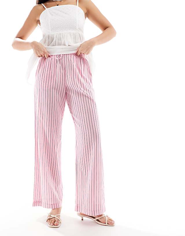asos Bershka tie waist wide leg linen trousers in pink stripe