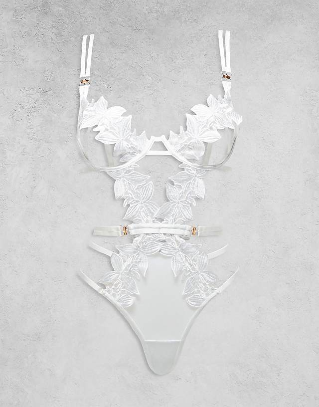 asos Bluebella Ophelia leaf crochet underwired bodysuit in white