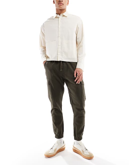 Asos Brave Soul Cotton Linen Blend Cargo Trousers In Khaki