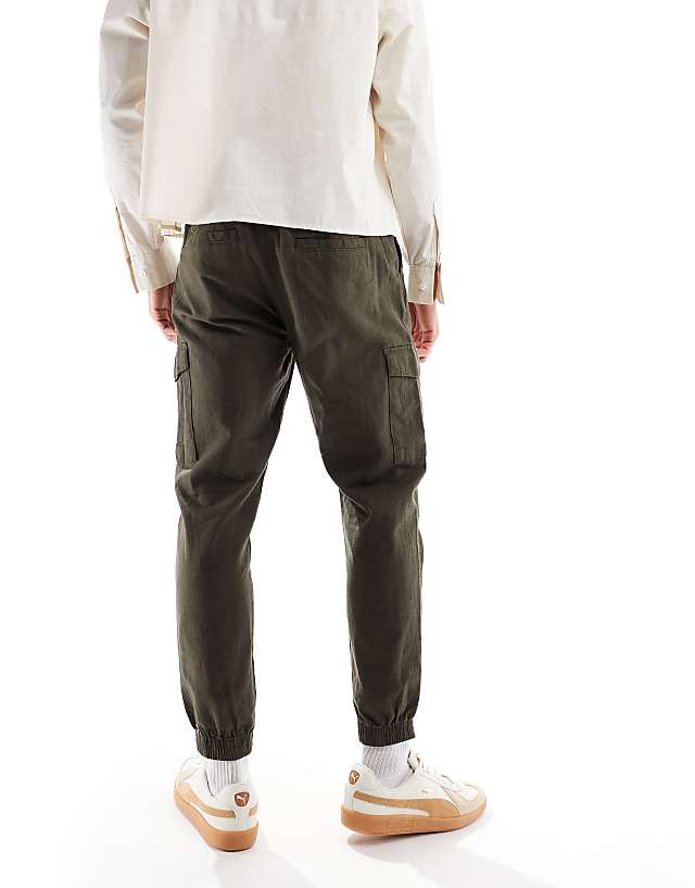 Asos Brave Soul Cotton Linen Blend Cargo Trousers In Khaki