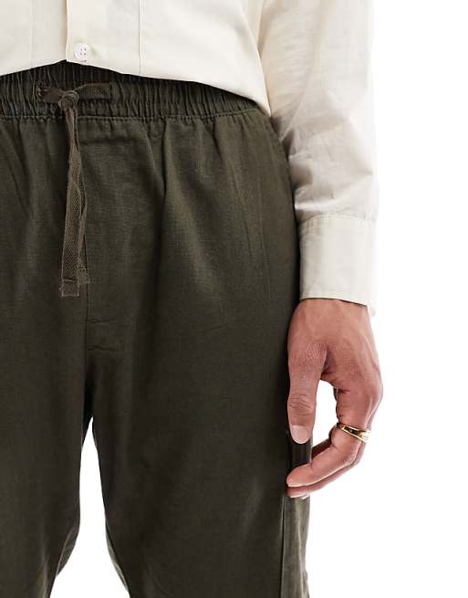 Asos Brave Soul Cotton Linen Blend Cargo Trousers In Khaki