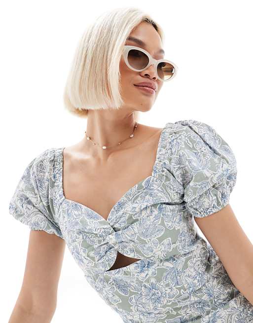 Asos Brave Soul Milkmaid Puff Sleeve Mini Dress With Linen In Green Floral Print