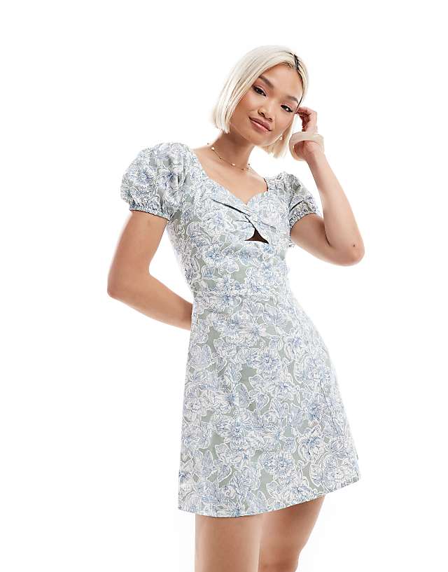 asos Brave Soul milkmaid puff sleeve mini dress with linen in green floral print