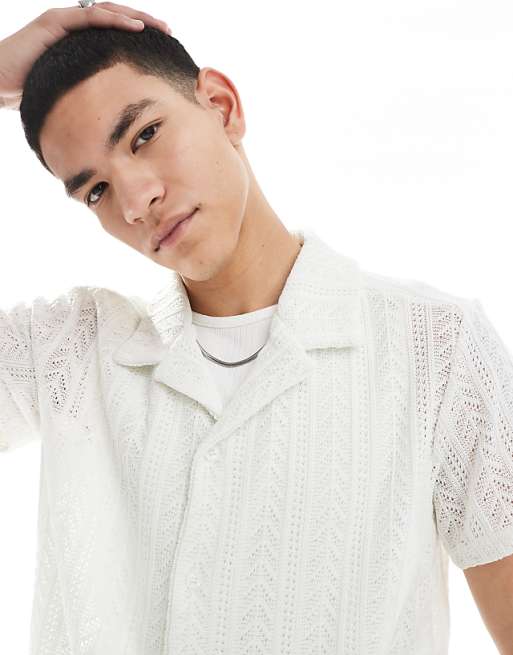 Asos Brave Soul Open Knit Textured Short Sleeve Shirt In White