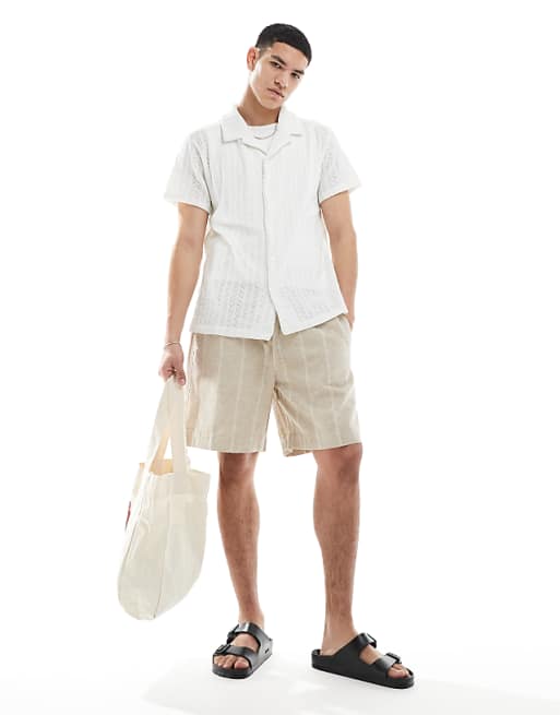 Asos Brave Soul Open Knit Textured Short Sleeve Shirt In White