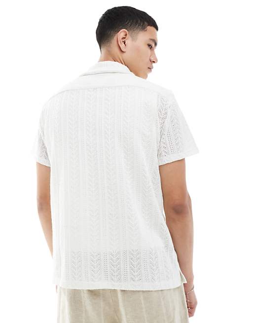 Asos Brave Soul Open Knit Textured Short Sleeve Shirt In White