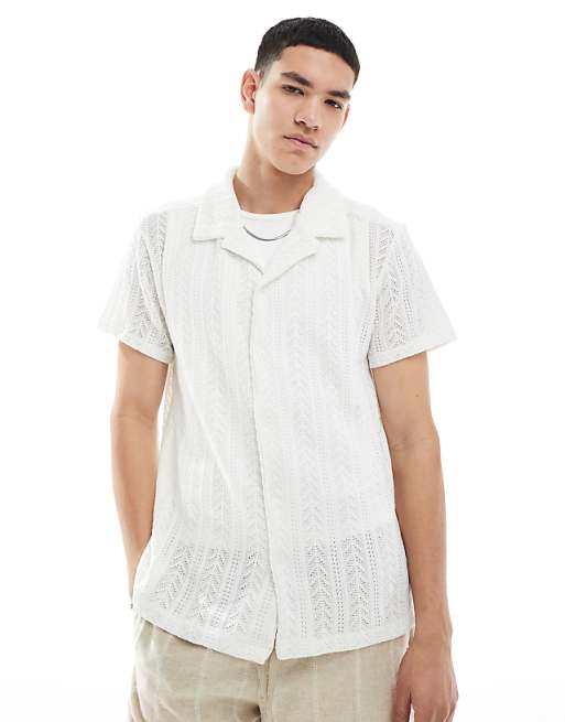 asos Brave Soul open knit textured short sleeve shirt in white
