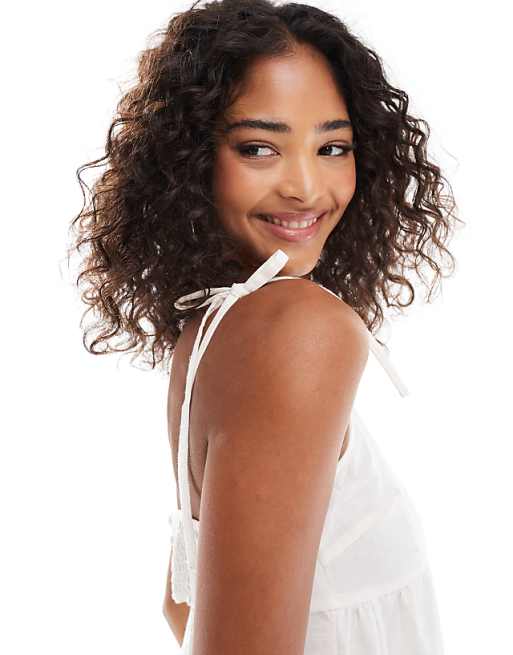 Asos Brave Soul Strappy Floaty Mini Dress With Linen In White