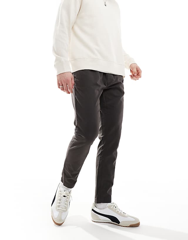 Asos Brave Soul Twill Trousers With Elasticated Waist In Charcoal Grey