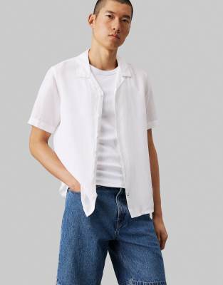 Asos Calvin Klein Linen Cotton Cuban Collar Shirt In Brilliant White