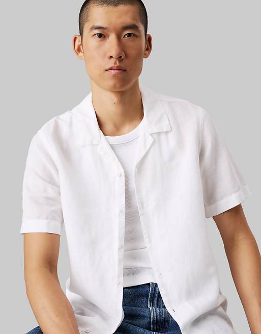 asos Calvin Klein Linen cotton cuban collar shirt in brilliant white