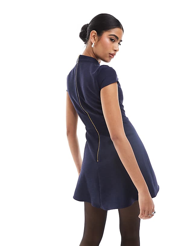 Asos Closet London Pleated Cap Sleeve Mini Dress In Navy
