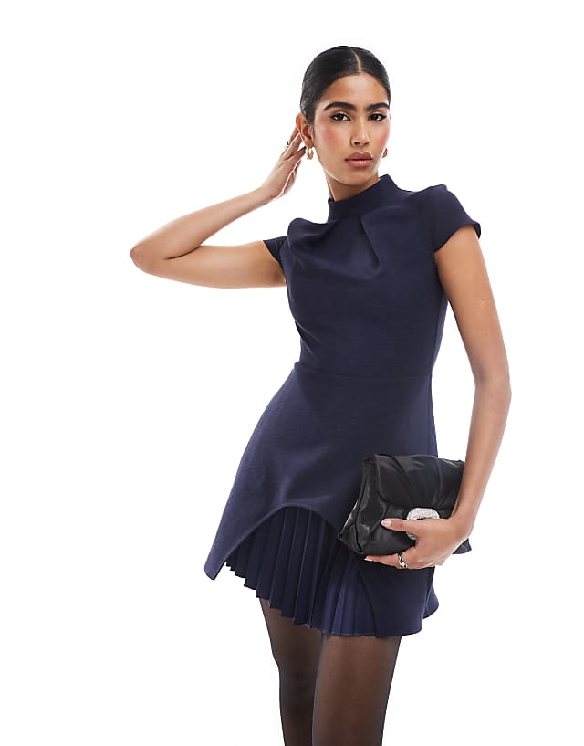 asos Closet London pleated cap sleeve mini dress in navy