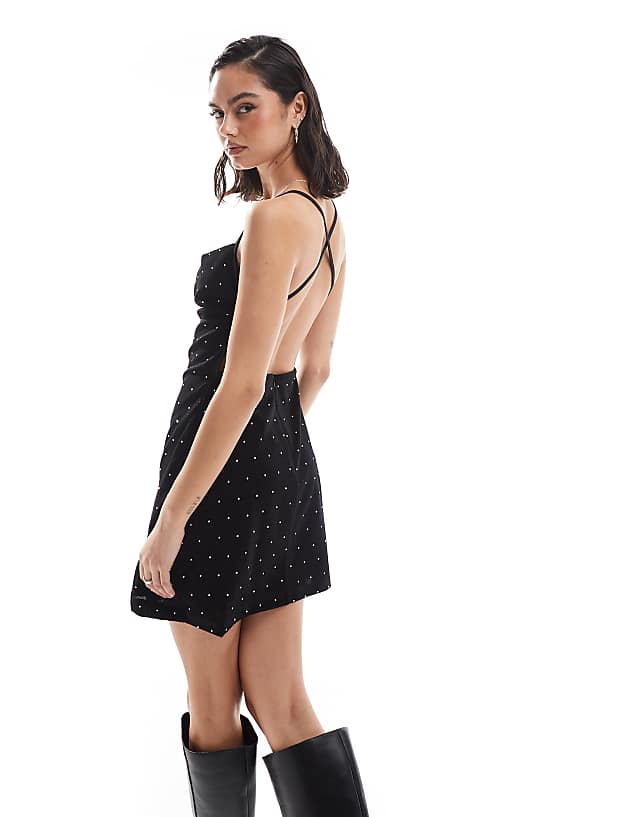 Asos Collective The Label Cowl Neck Cross Back Mini Dress In Black Diamante Mesh