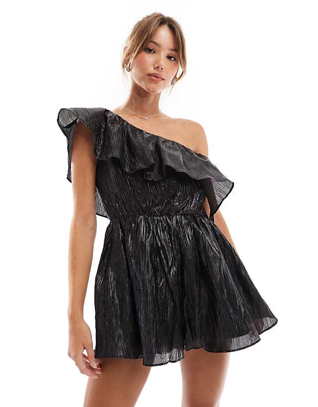 asos Collective The Label One shoulder ruffle playsuit in black