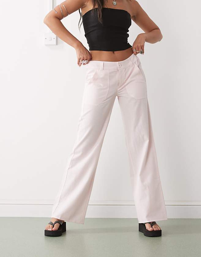 asos COLLUSION 90s low rise relaxed trouser with linen in pink - LPINK