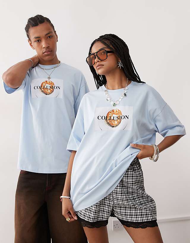 Asos COLLUSION Blue Boxy Skater Fit T-shirt In Blue With Pancake Print