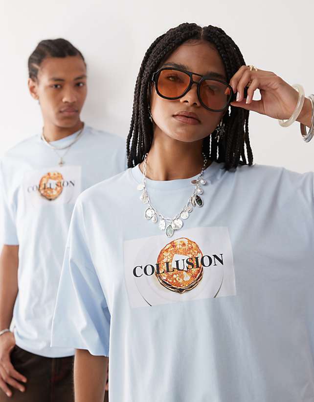 asos COLLUSION Blue boxy skater fit t-shirt in blue with pancake print