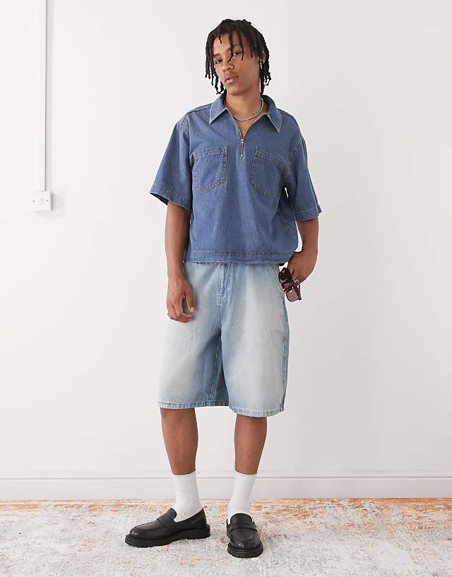 Asos COLLUSION Boxy Denim Woven Shirt With Zip In Blue - MBLUE