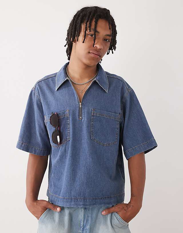asos COLLUSION boxy denim woven shirt with zip in blue - MBLUE