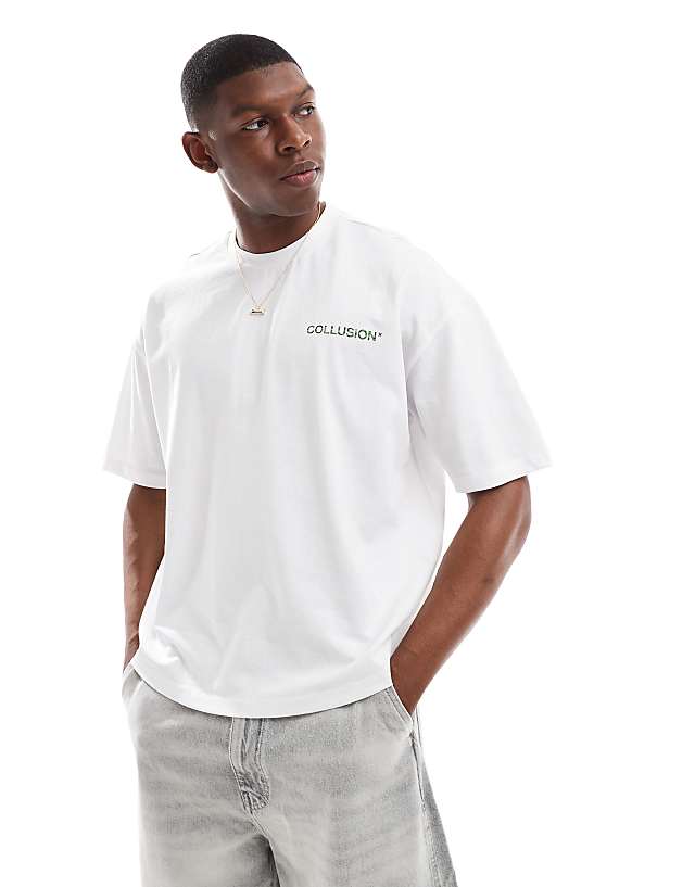 Asos COLLUSION Boxy Fit T-shirt With Camo Logo In White