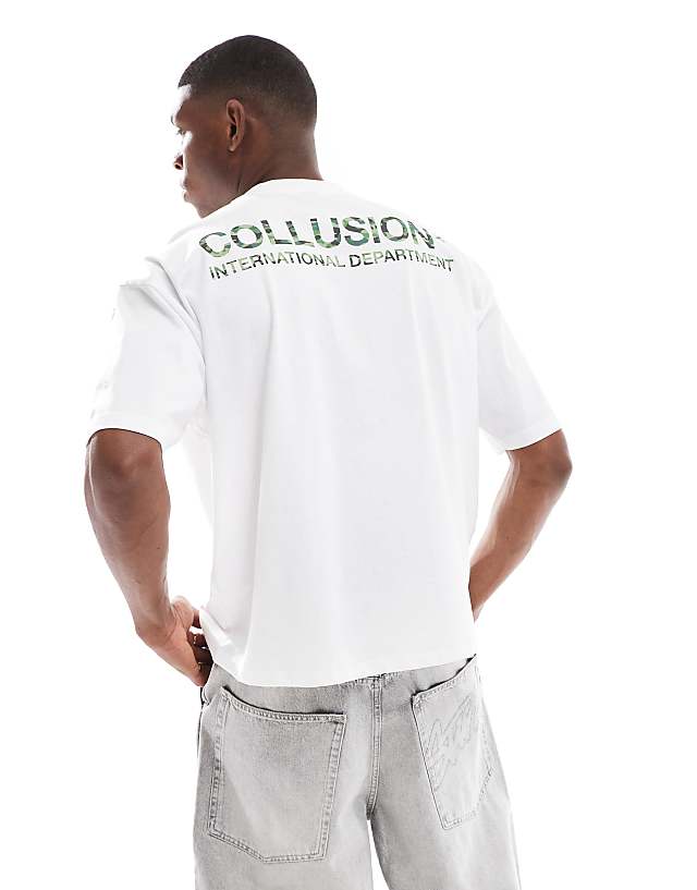 Asos COLLUSION Boxy Fit T-shirt With Camo Logo In White