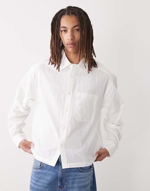 asos COLLUSION boxy linen look long sleeve shirt in white