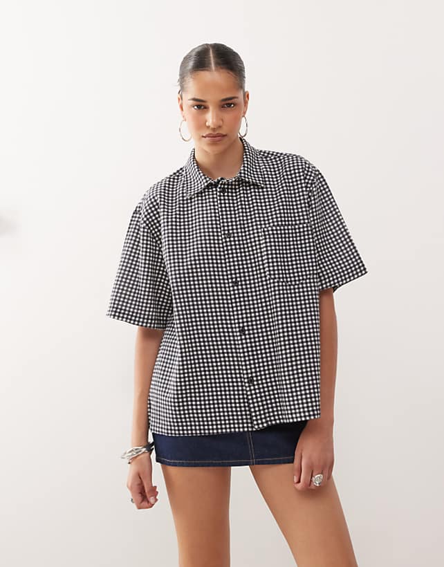 asos COLLUSION boxy linen look shirt in black and white gingham - MULTI