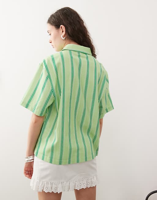 Asos COLLUSION Boxy Linen Look Shirt In Green Stripe - MULTI