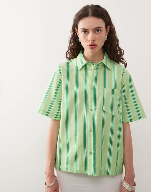 Asos COLLUSION Boxy Linen Look Shirt In Green Stripe - MULTI