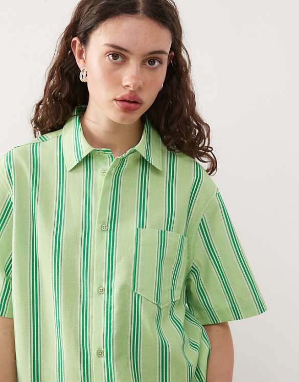 asos COLLUSION boxy linen look shirt in green stripe - MULTI
