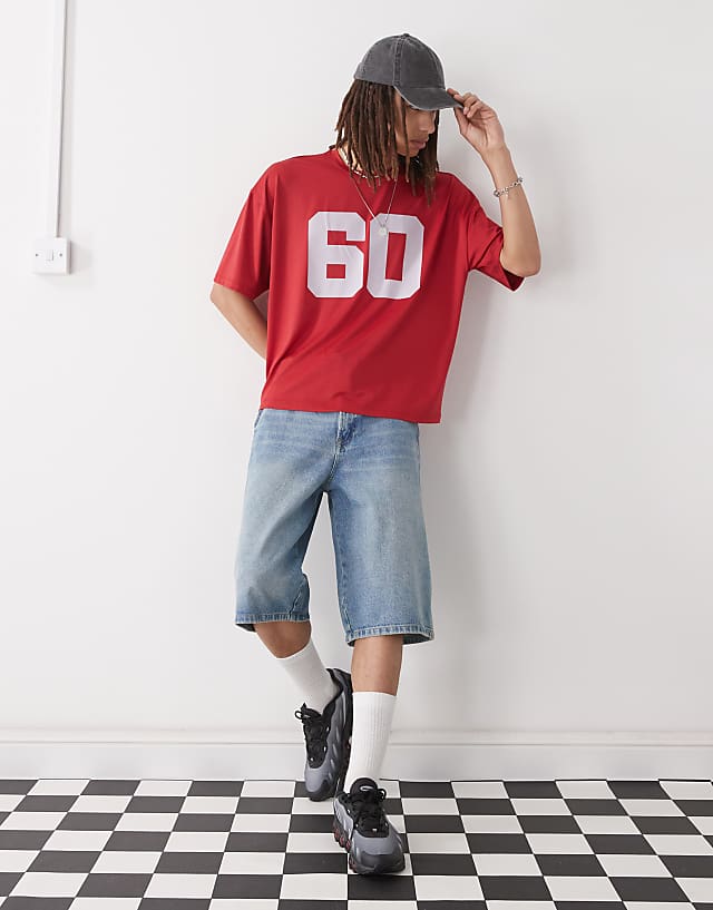 Asos COLLUSION Boxy T-shirt In Red Sports Air Tex Fabric Jersey With Number Print