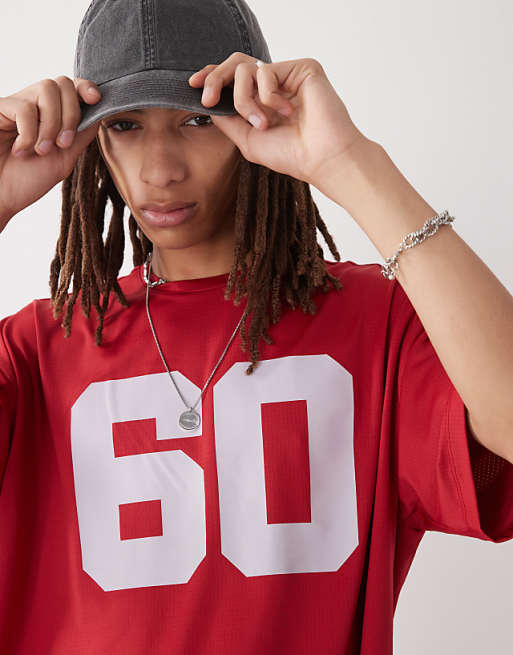 Asos COLLUSION Boxy T-shirt In Red Sports Air Tex Fabric Jersey With Number Print