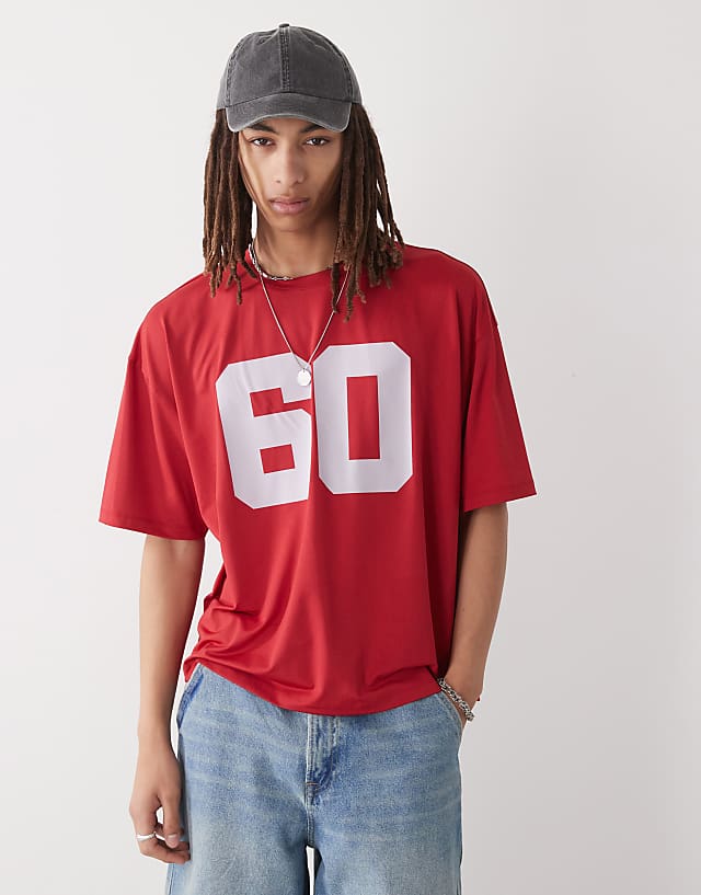 asos COLLUSION Boxy t-shirt in red sports air tex fabric jersey with number print