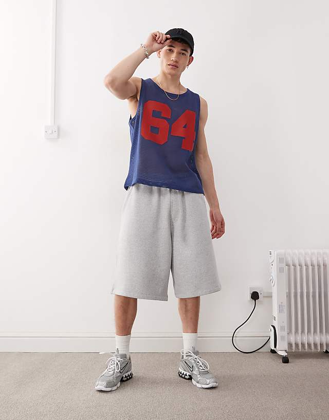 Asos COLLUSION Crochet Tank Vest In Blue With Varsity Number Print