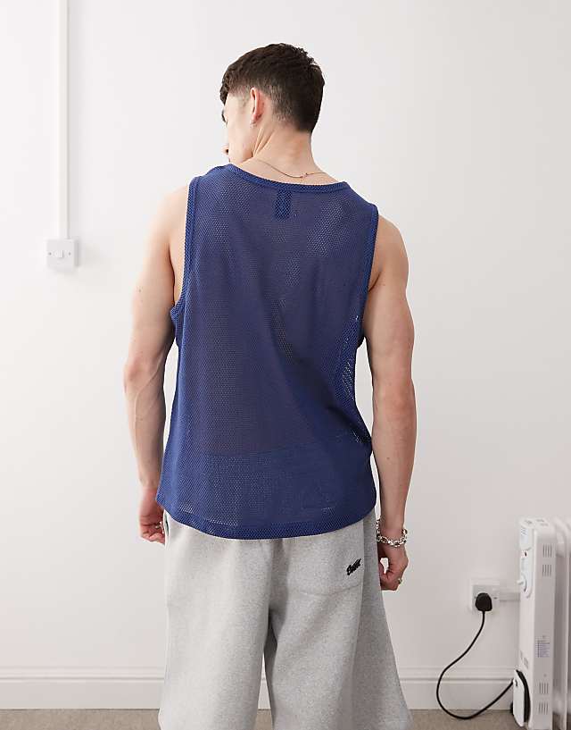 Asos COLLUSION Crochet Tank Vest In Blue With Varsity Number Print