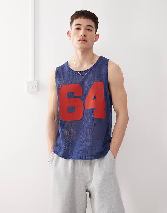 asos COLLUSION Crochet tank vest in blue with varsity number print