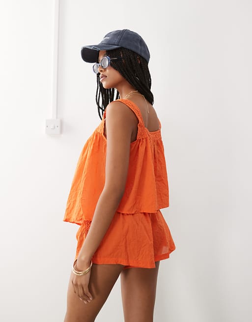 Asos COLLUSION Crotchet Button Up Woven Beach Top In Orange - ORANGE
