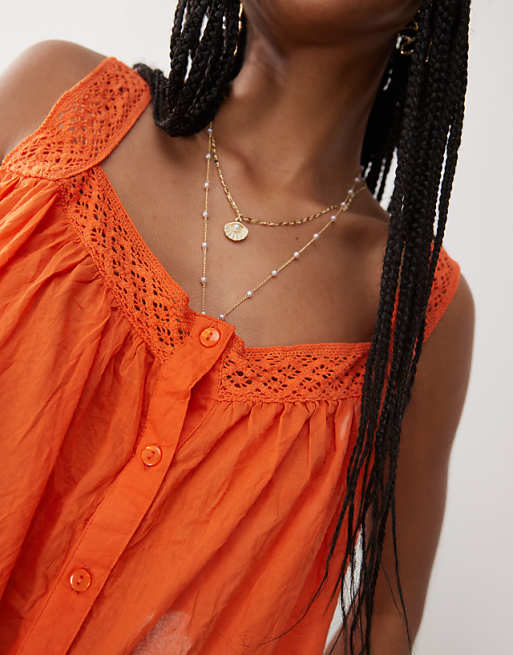 Asos COLLUSION Crotchet Button Up Woven Beach Top In Orange - ORANGE