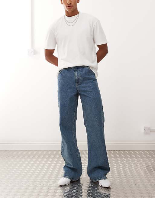 asos COLLUSION flare jean in mid wash and tobacco stitching